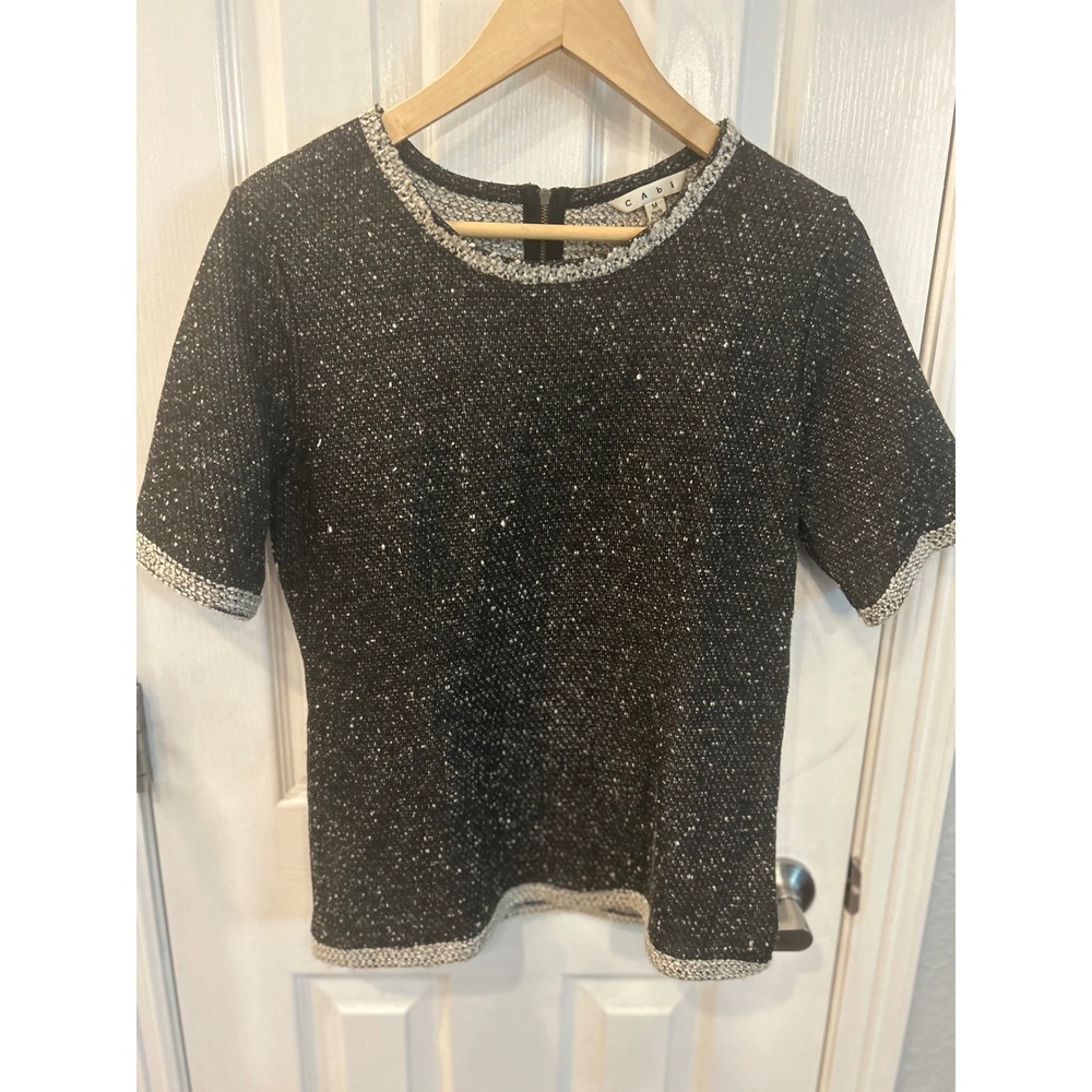 Cabi Tweed Top Black White Short Sleeve Back Zip Fringe Trim Blouse‎ 542